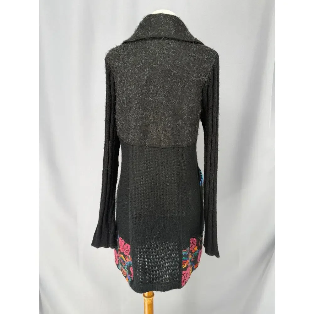 Sioni Cardigan Sweater Womens Large Black Paisley Embroidered Boho Wool Knit - Picture 4 of 13